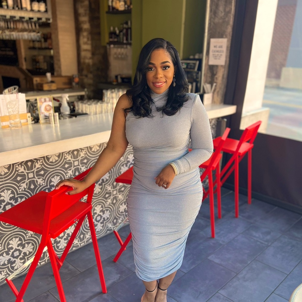 Peyton Blue One Sleeve Ruched Pencil Dress